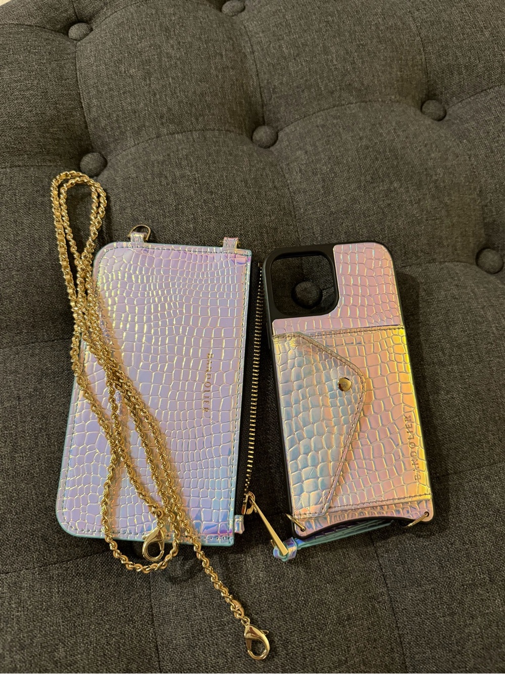 Bandolier Holographic Croc-Texture Phone Case & Wallet with Gold Chain